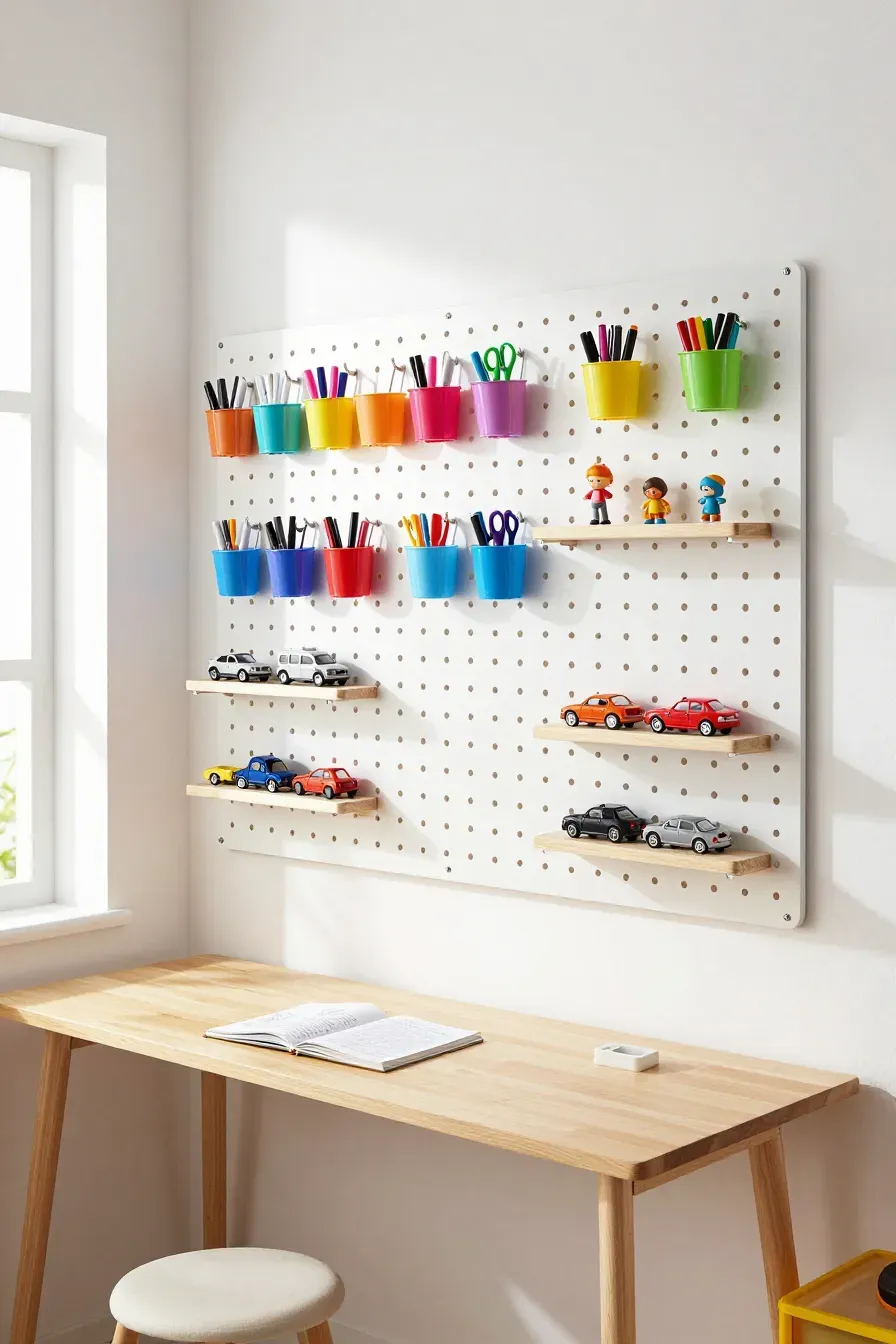A white wall-mounted pegboard with cups and hooks holding art supplies and small toys above a desk.