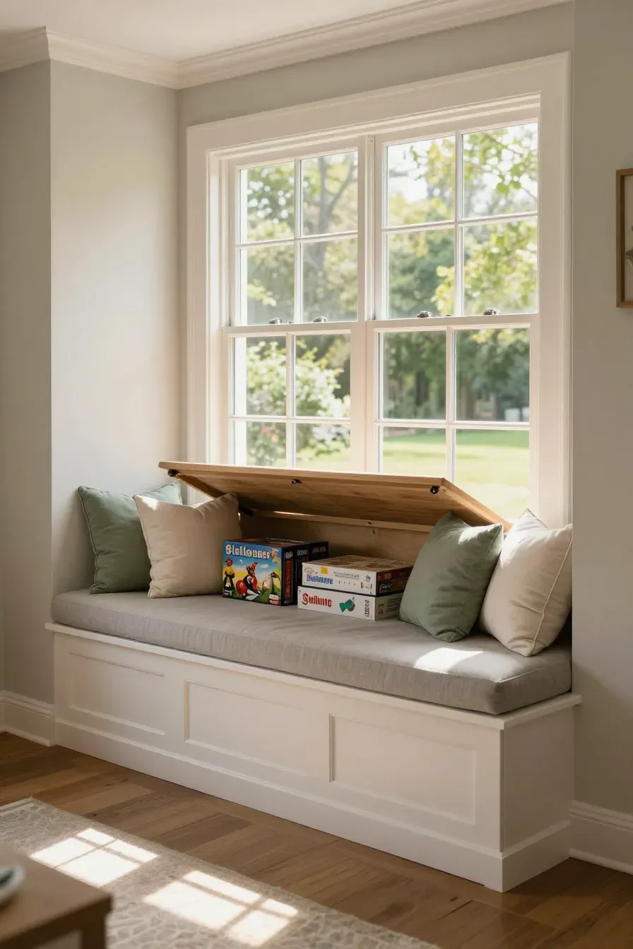 A white window seat with a gray cushion and an open lid showing board games stored inside.