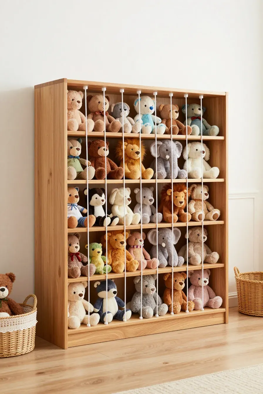 A wooden bookshelf with vertical white rods holding a collection of stuffed animals like a zoo.