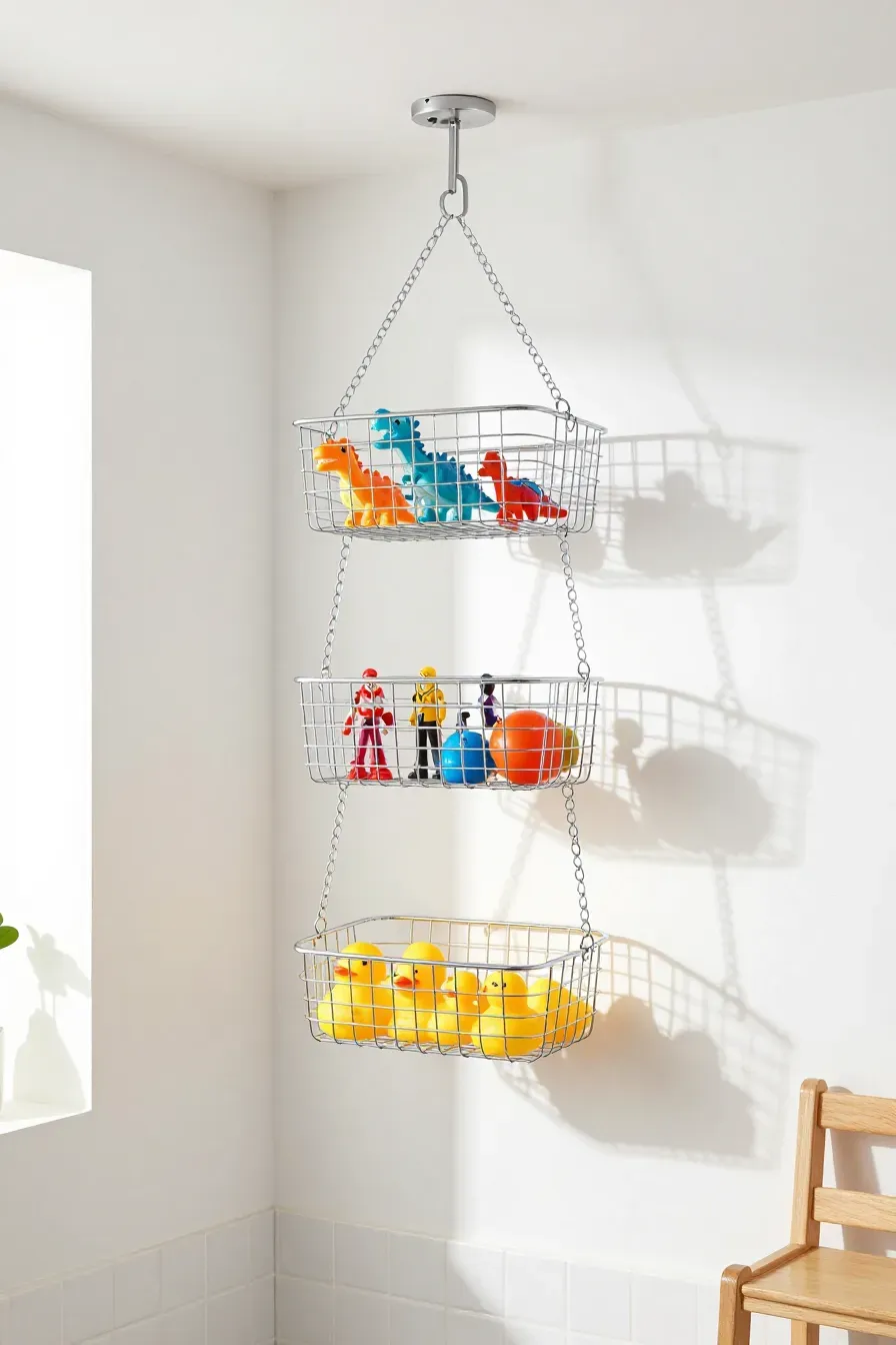 A three-tier chrome hanging basket filled with small colorful toys in the corner of a bright room.