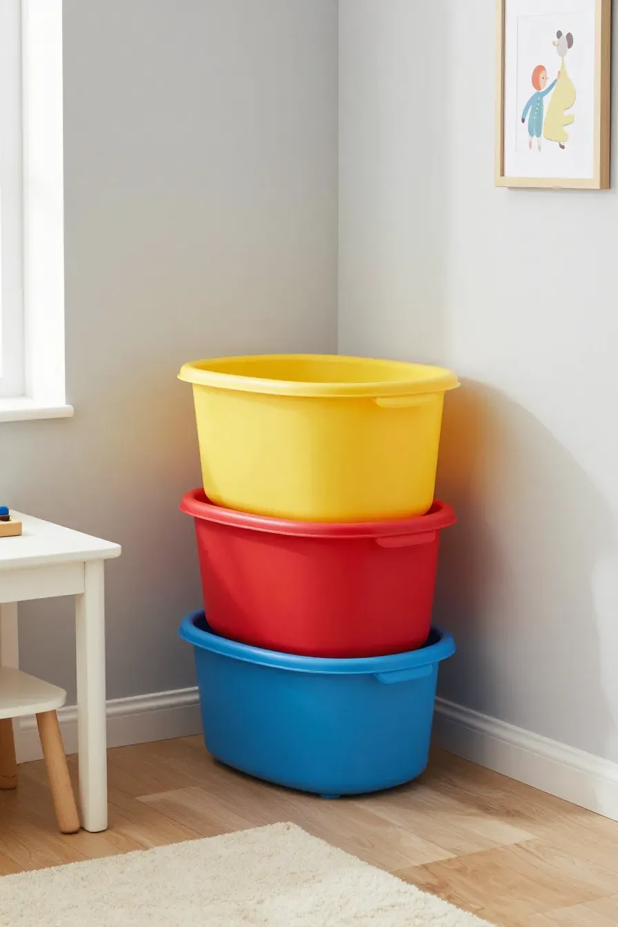 A stack of blue, red, and yellow plastic storage tubs with lids in the corner of a modern playroom.