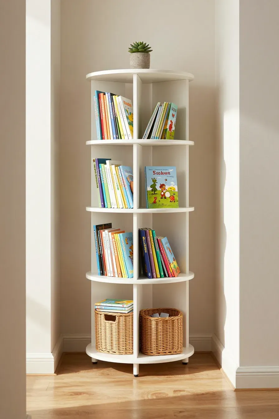 A white rotating bookshelf tower filled with books and toys in a narrow, sunlit room corner.
