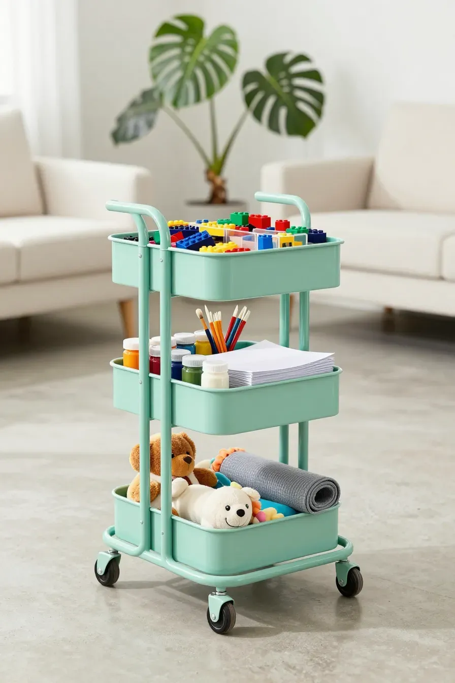 A mint green three-tier rolling metal cart filled with organized LEGOs and art supplies.