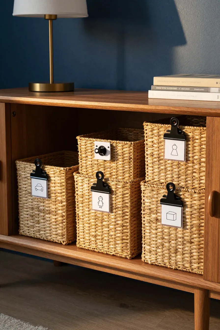 Three woven baskets with black clip-on labels stored inside a wooden sideboard.