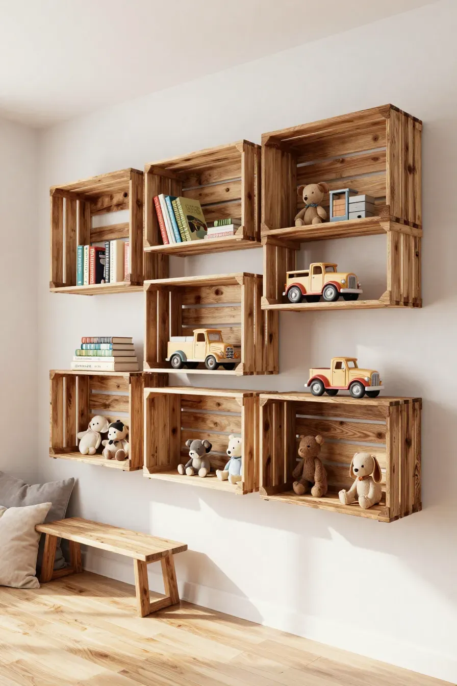 Rustic wooden crates mounted on a wall in a staggered pattern holding toys and books.
