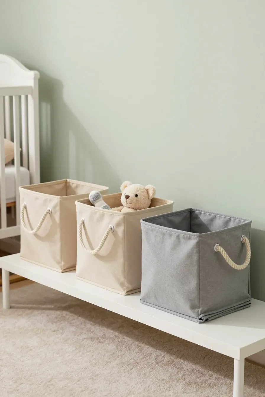 Neutral-toned canvas storage bins on a low white shelf in a clean, modern nursery.