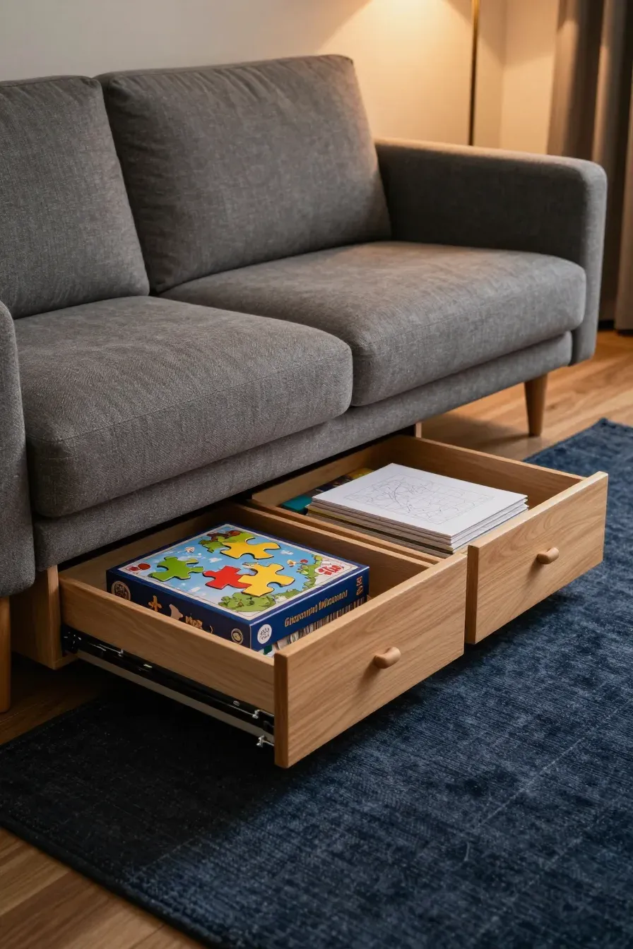 Shallow wooden drawers sliding out from under a gray sofa to reveal stored puzzles and games.