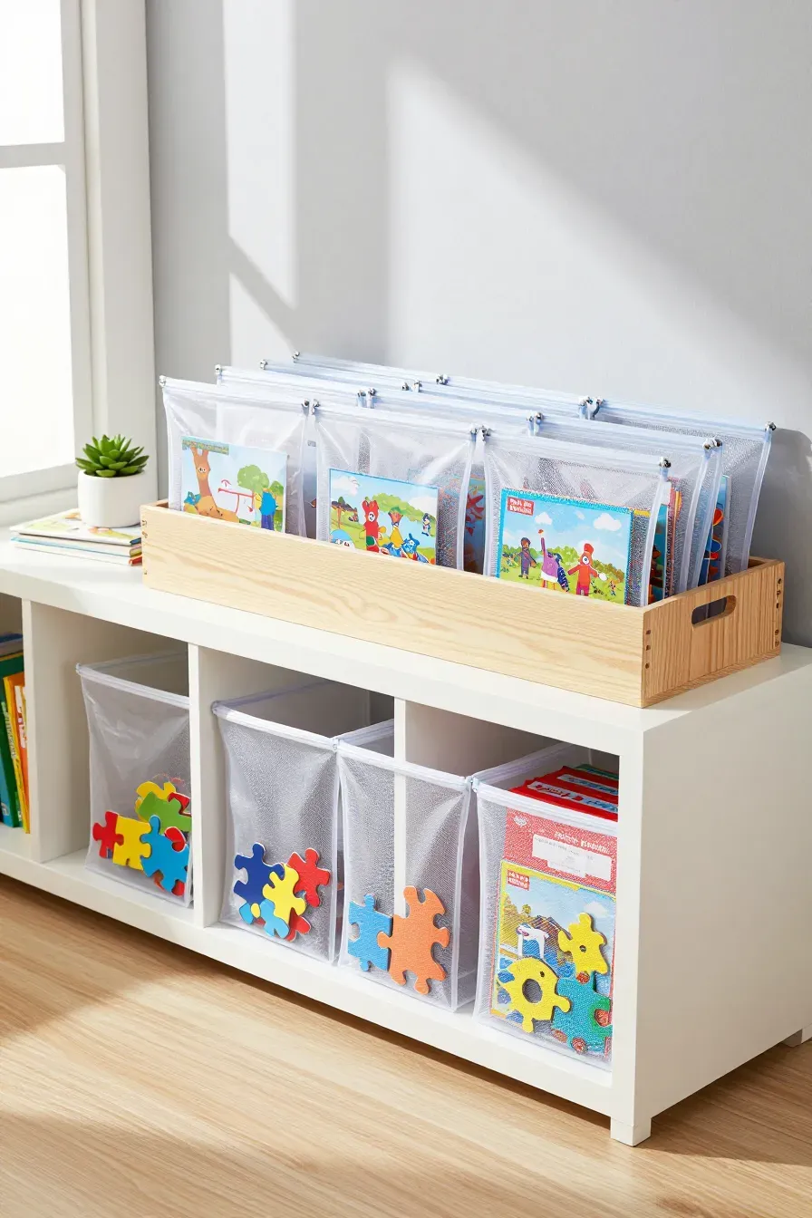 Clear zippered pouches filled with puzzle pieces organized in a wooden bin on a white shelf.