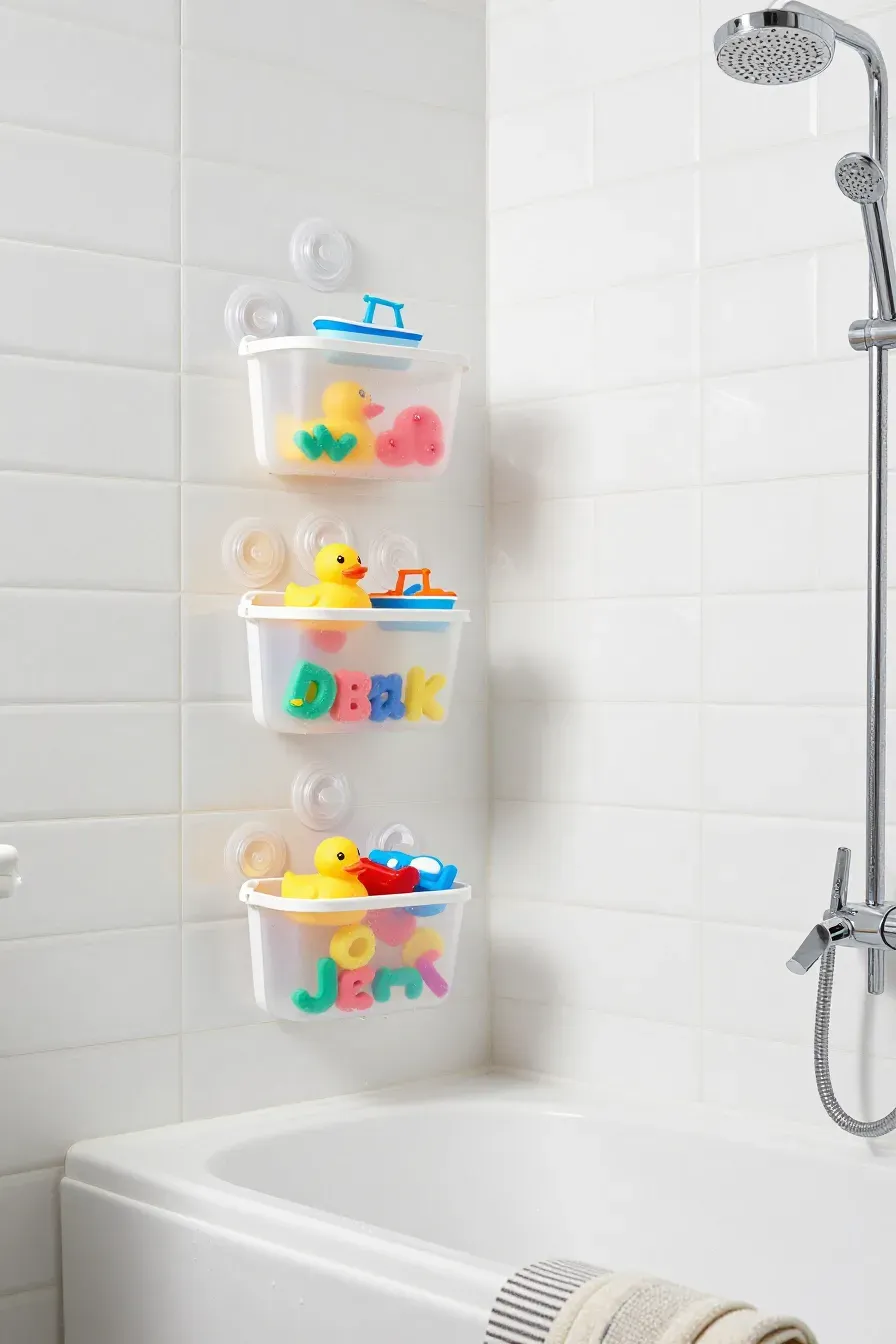 Plastic baskets with suction cups attached to bathroom tiles holding colorful toys above a tub.