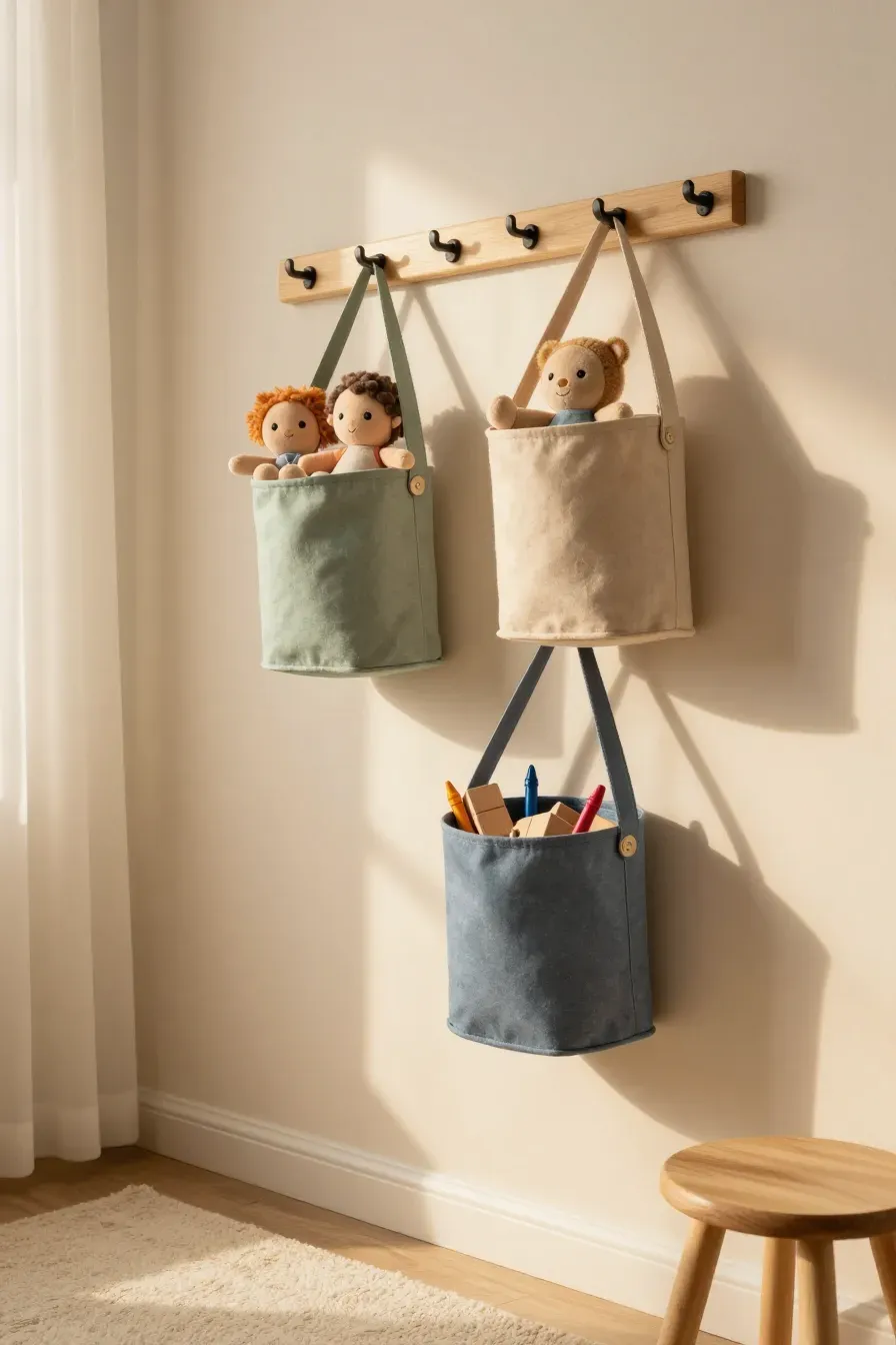 Three canvas buckets in sage and blue hanging from wall hooks filled with plush toys and blocks.