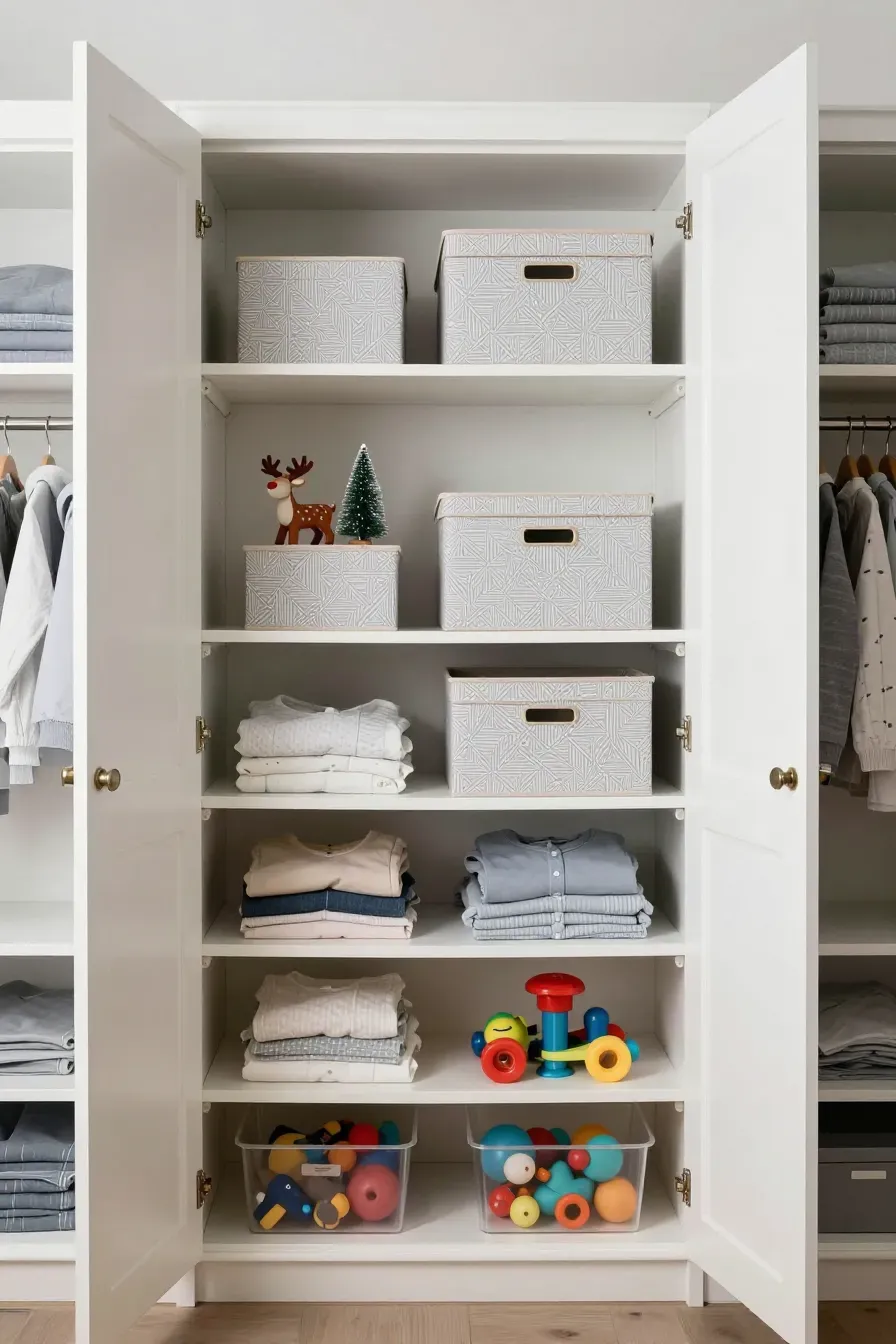 Patterned nesting boxes on a high closet shelf used for storing seasonal holiday toys.