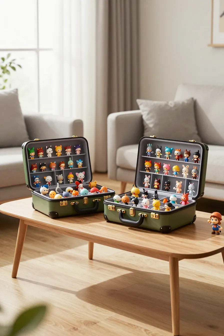 An open toy suitcase with compartments filled with small figurines on a living room coffee table.