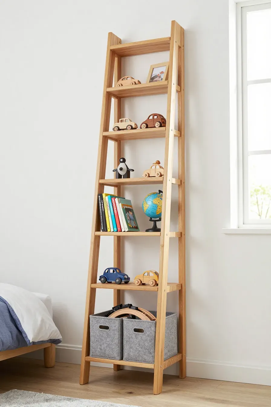 A tall, narrow bamboo ladder shelf with bins and books leaning against a white wall in a bedroom.
