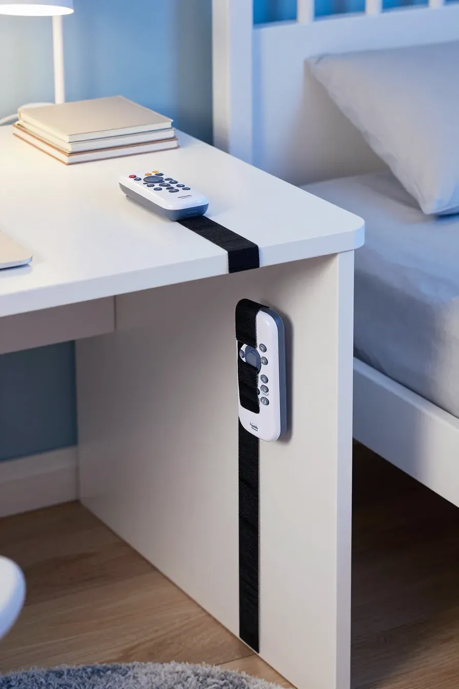 Remote controls for toy cars attached to the side of a white desk using black Velcro strips.