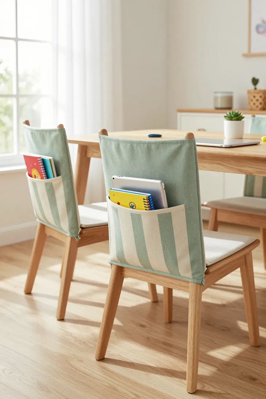 Fabric storage pockets hanging on the back of wooden chairs filled with books and a tablet.