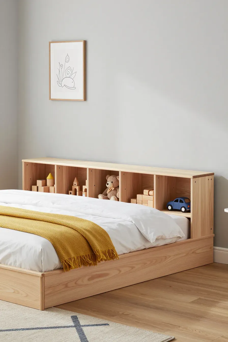 A wooden bed frame with built-in square cubbies underneath holding various toys and blocks.