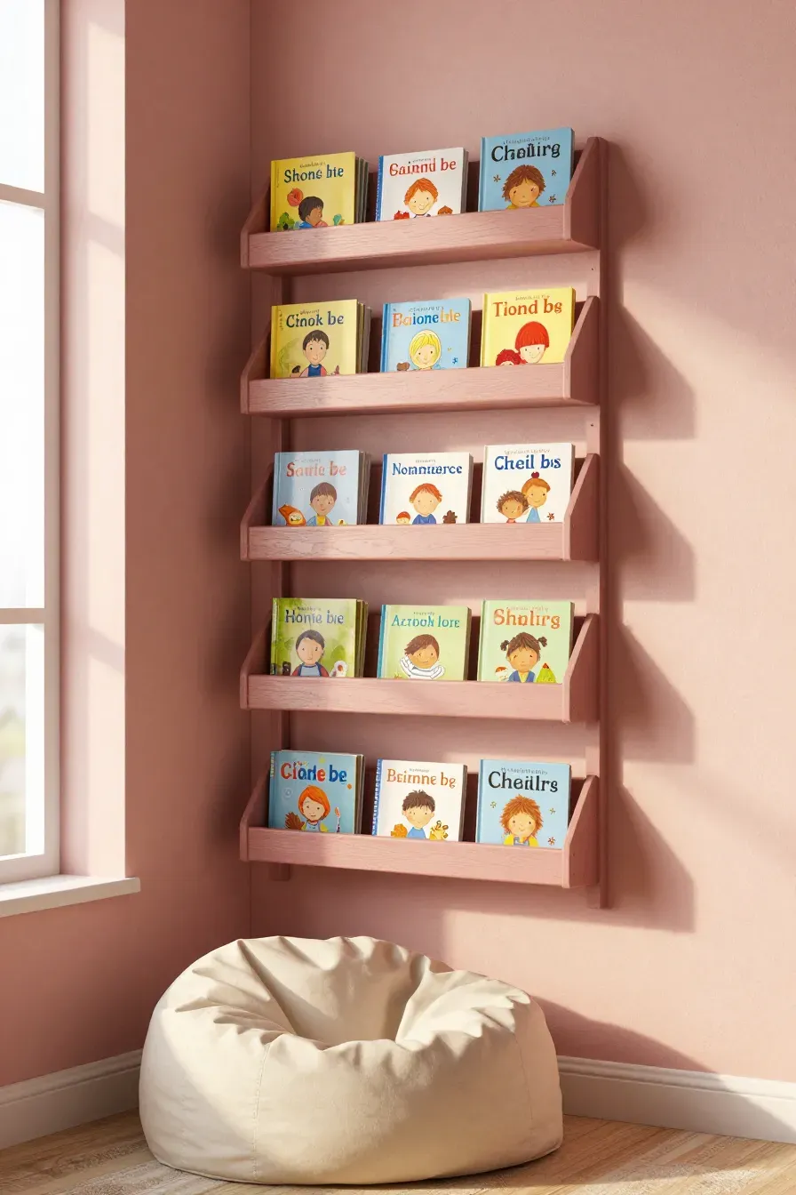 Wall-mounted wooden spice racks used as slim bookshelves for colorful children's books.