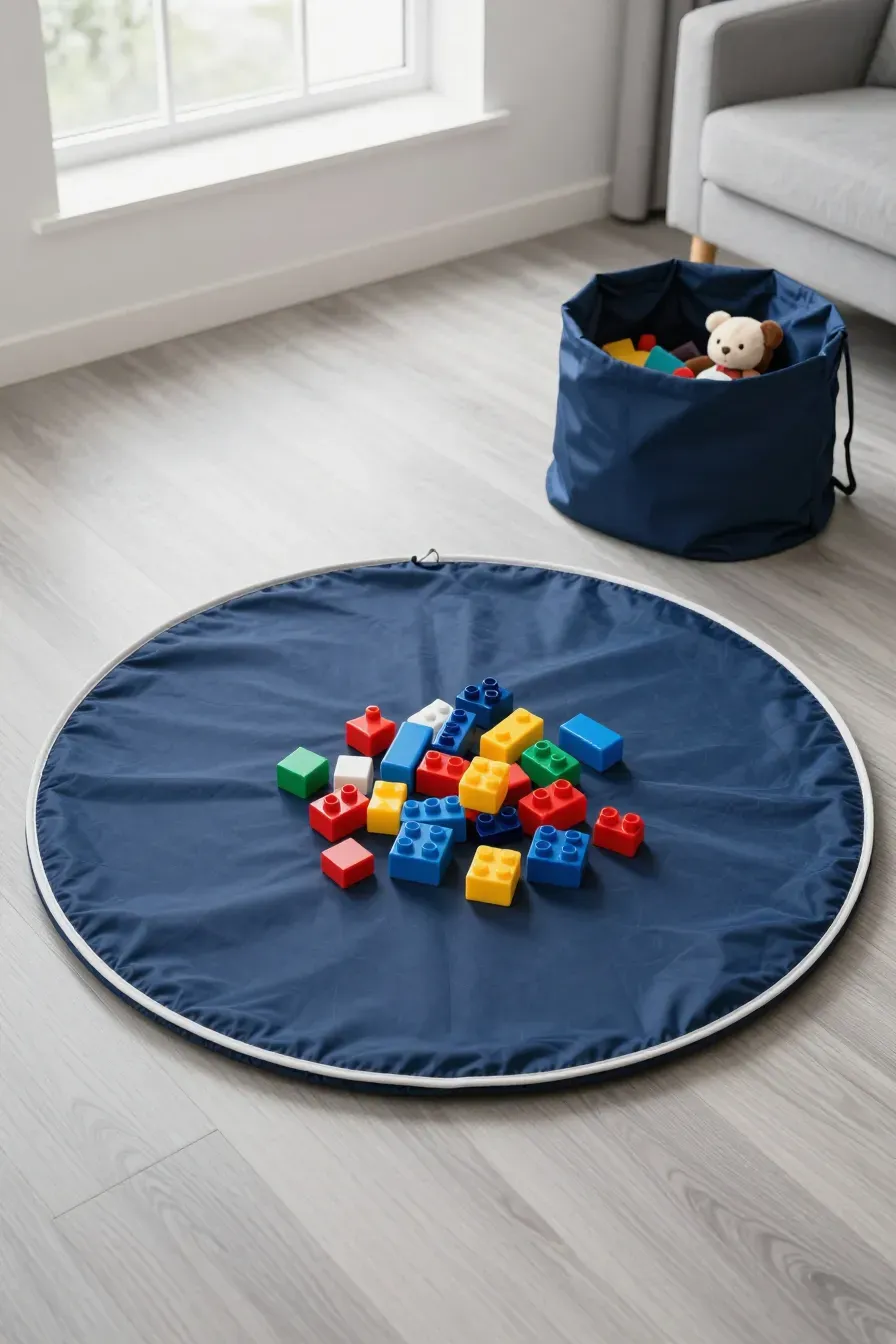 A navy blue drawstring play mat flat on the floor with blocks, and another cinched into a bag.