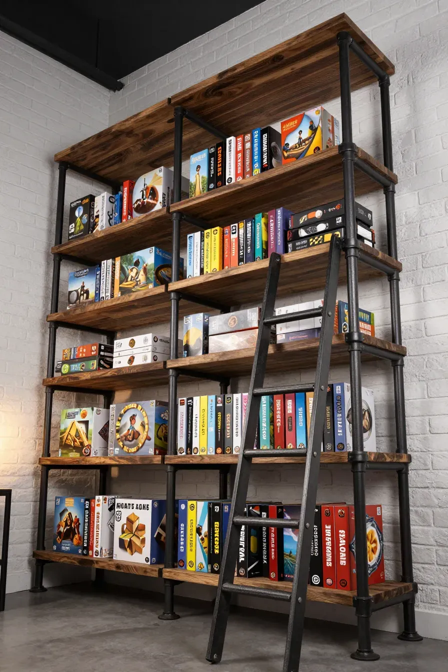 Sturdy industrial pipe and wood shelves filled with a large collection of board games.