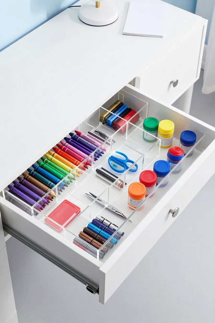 An open desk drawer with clear dividers organizing crayons, markers, and craft supplies.
