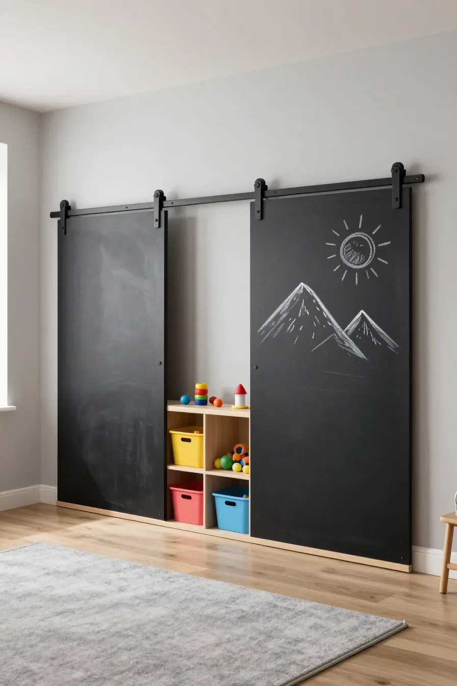 Sliding chalkboard doors on a track partially covering shelves filled with toy bins.