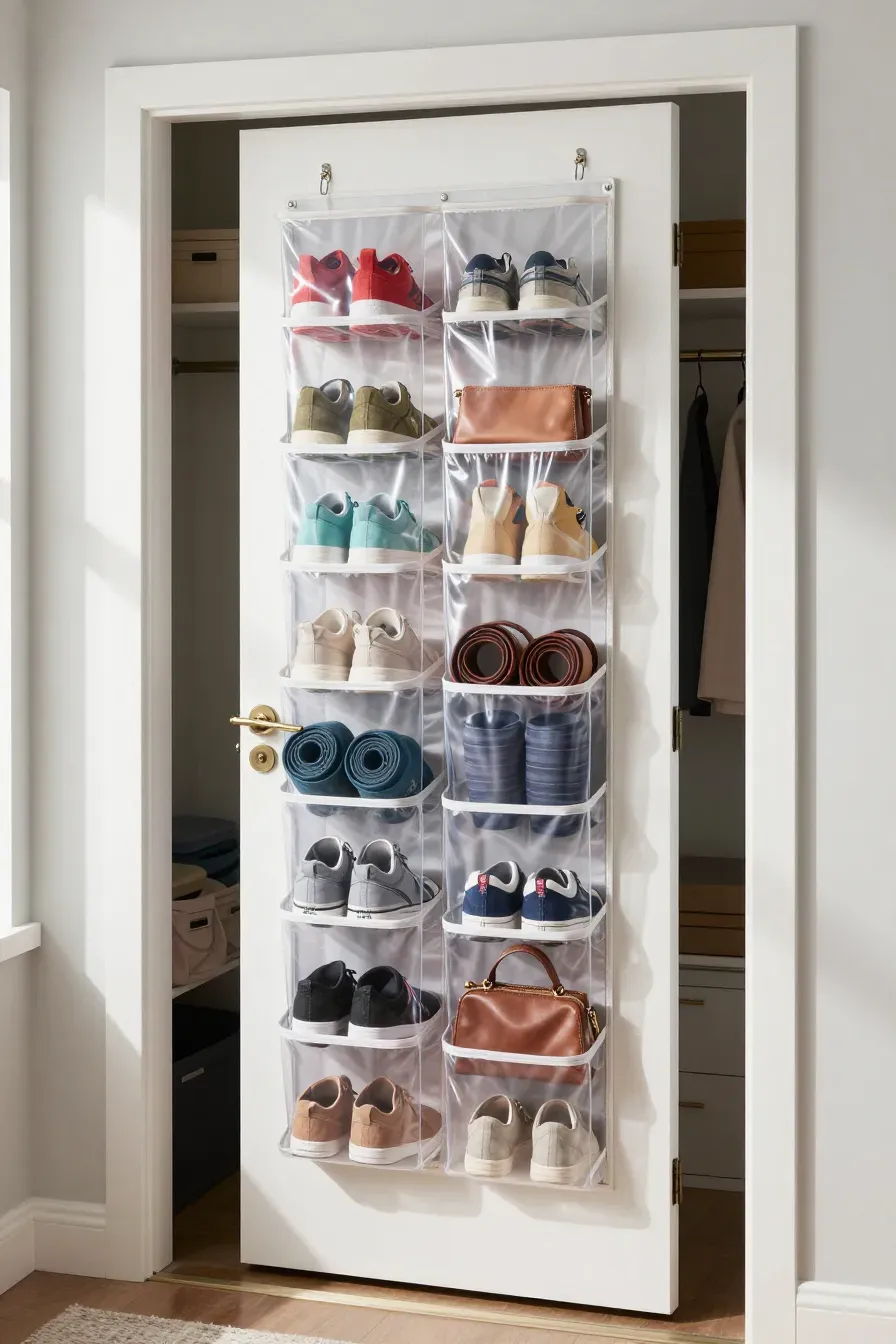 A clear plastic organizer hanging on a closet door filled with shoes and rolled leggings.