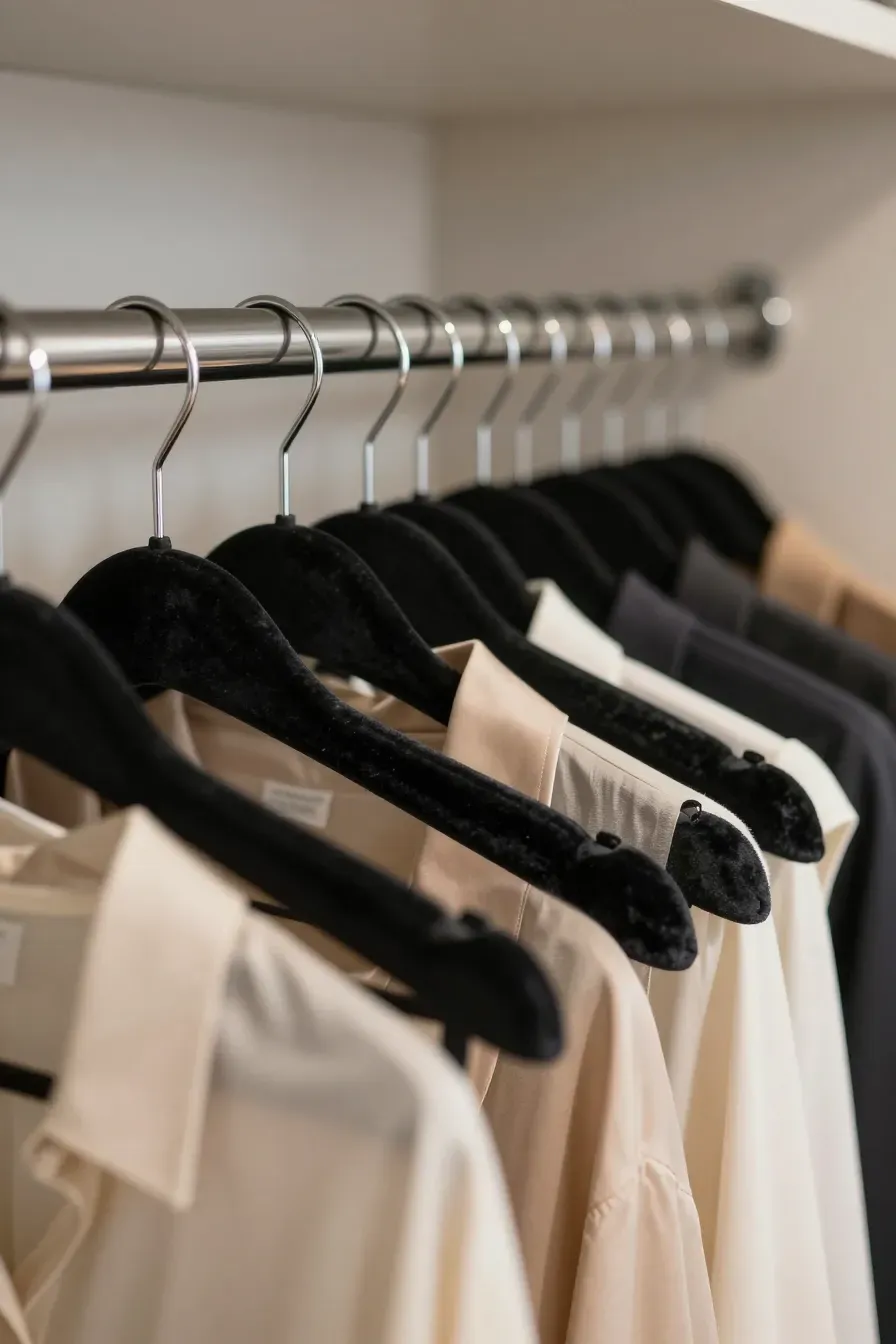 A row of thin black velvet hangers holding silk clothes on a closet rod.