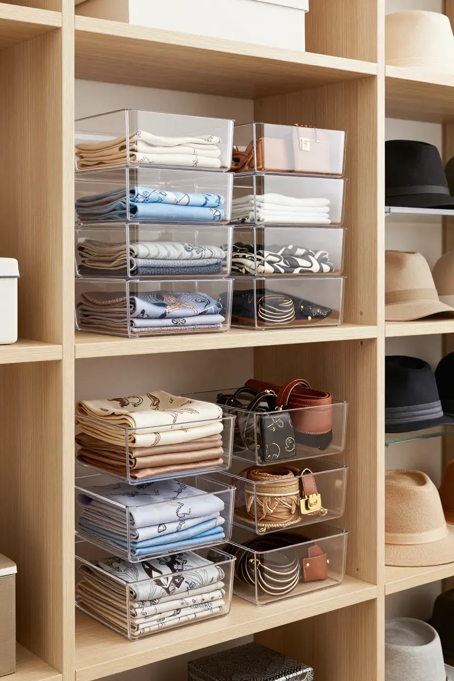 Clear acrylic bins stacked on closet shelves containing organized fashion accessories.
