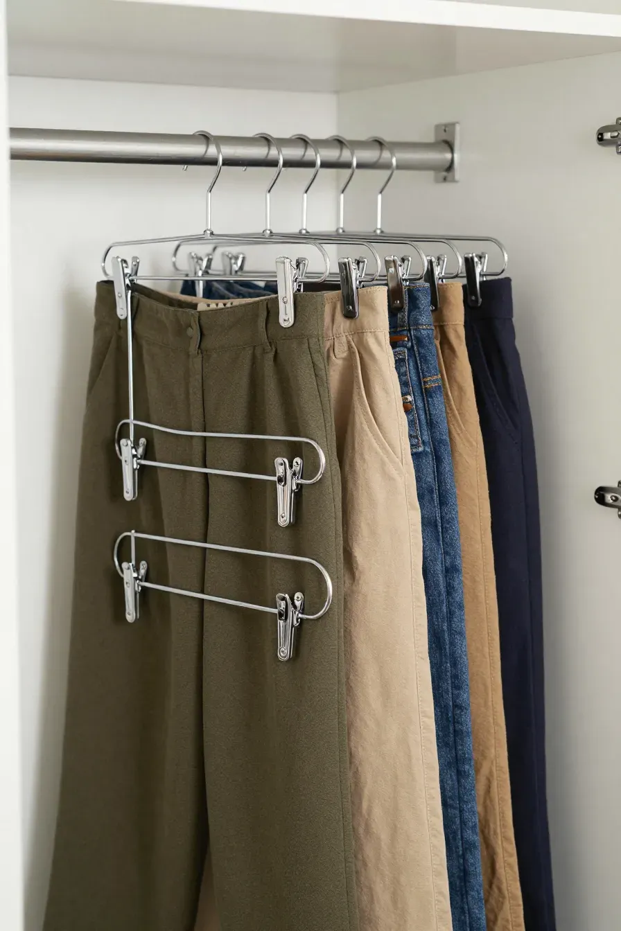 Multi-tiered metal hangers holding several pairs of pants vertically in a closet.