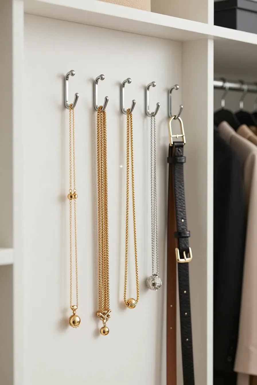 Necklaces and belts hanging neatly on adhesive hooks on the inside wall of a closet.
