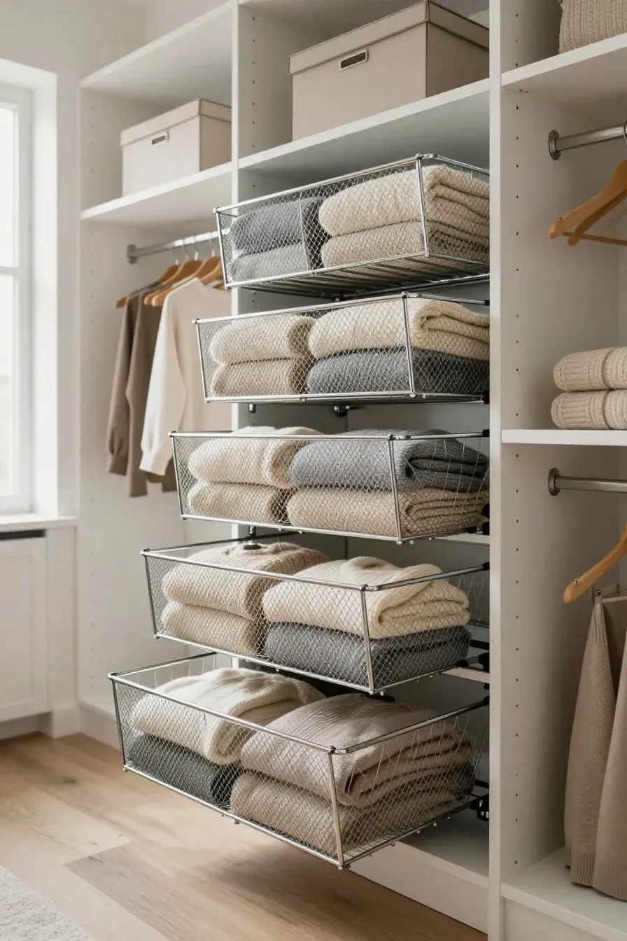 A white closet featuring a stack of chrome slide-out wire drawers filled with folded sweaters.