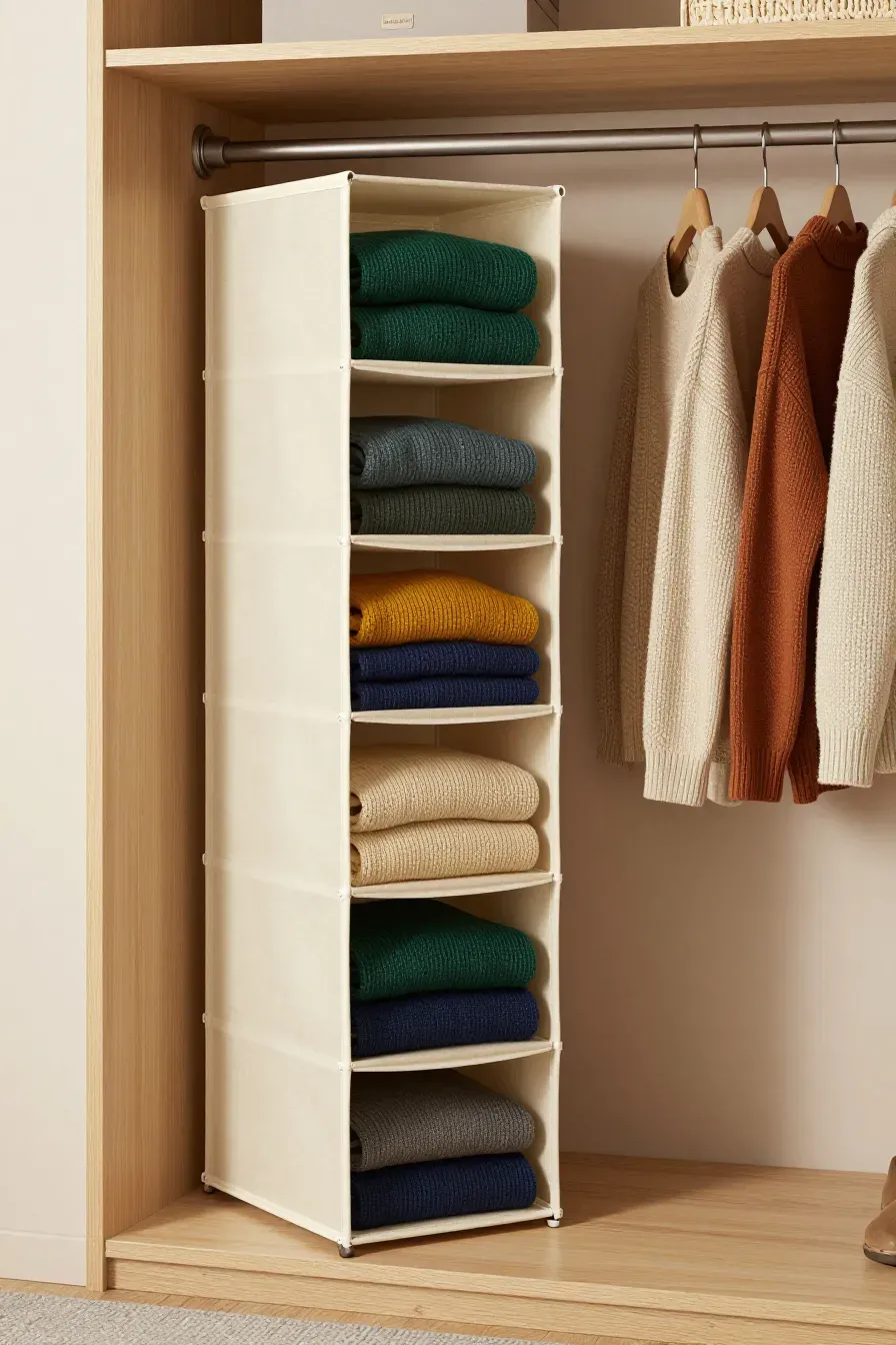 A vertical canvas hanging organizer with folded sweaters in a small wood-lined closet.