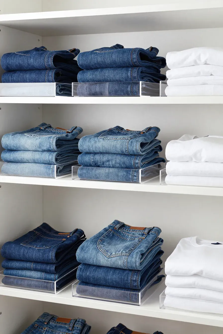 Transparent acrylic dividers keeping stacks of denim jeans perfectly upright on a white closet shelf.