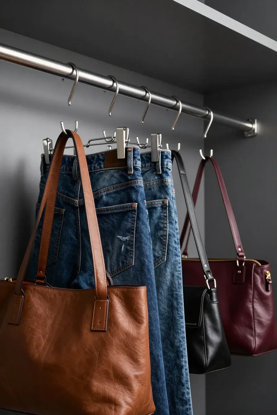 Metal S-hooks hanging from a closet rod holding leather handbags and denim jeans by the belt loops.