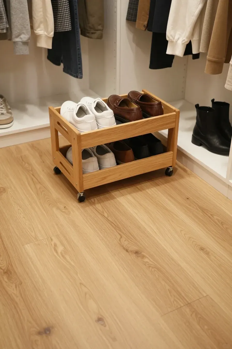 A wooden rolling cart with two tiers of neatly organized shoes on a closet floor.