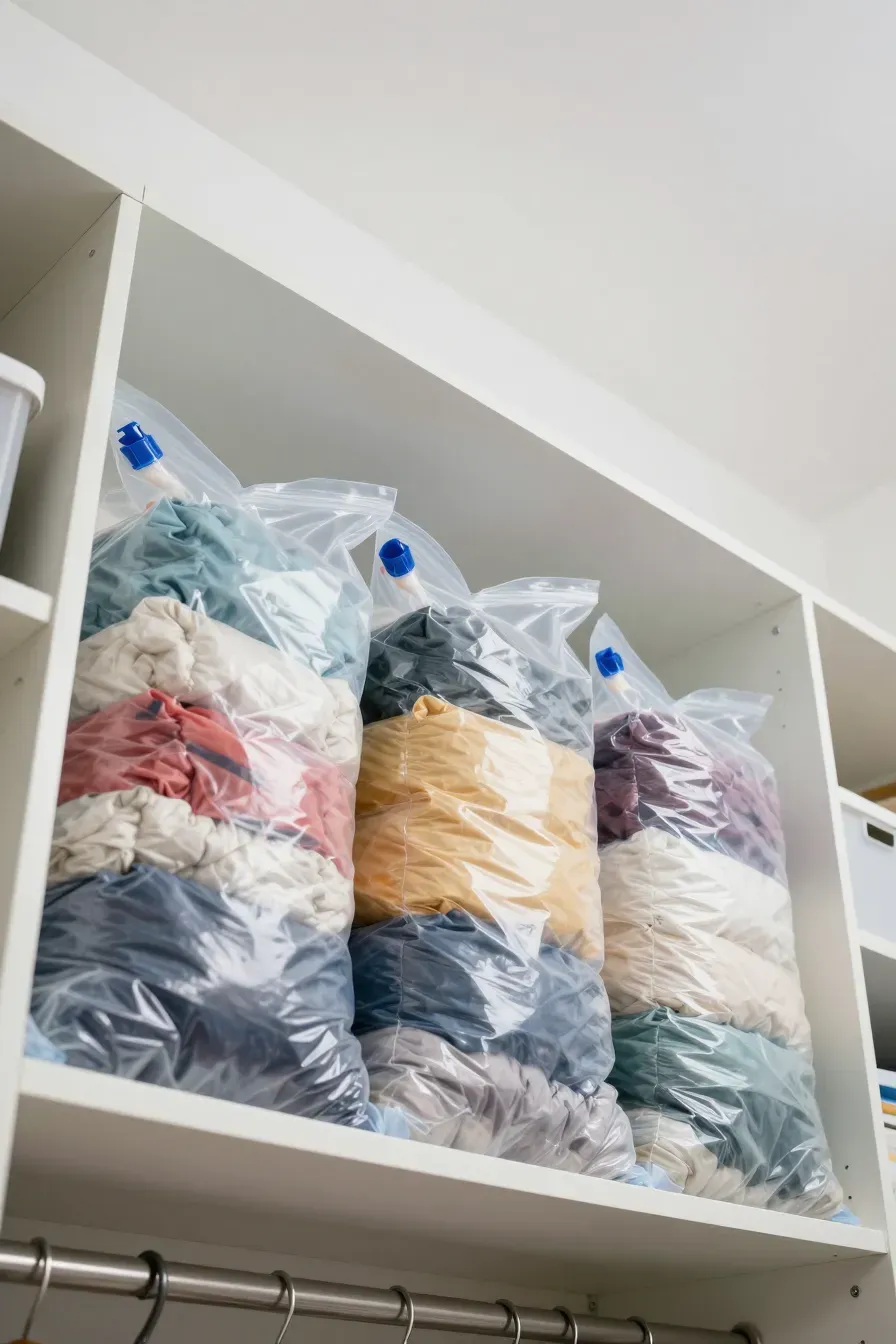 Compressed vacuum-sealed bags containing bulky blankets stored on the top shelf of a white closet.