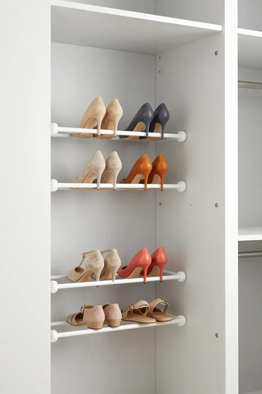 White tension rods used as a DIY shoe rack in a narrow closet nook, holding several pairs of heels.