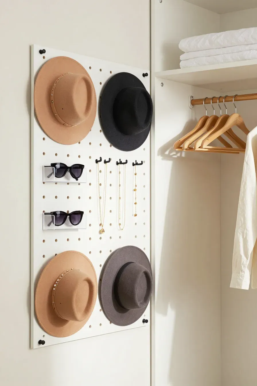 A white wall-mounted pegboard in a small closet holding hats, sunglasses, and jewelry.