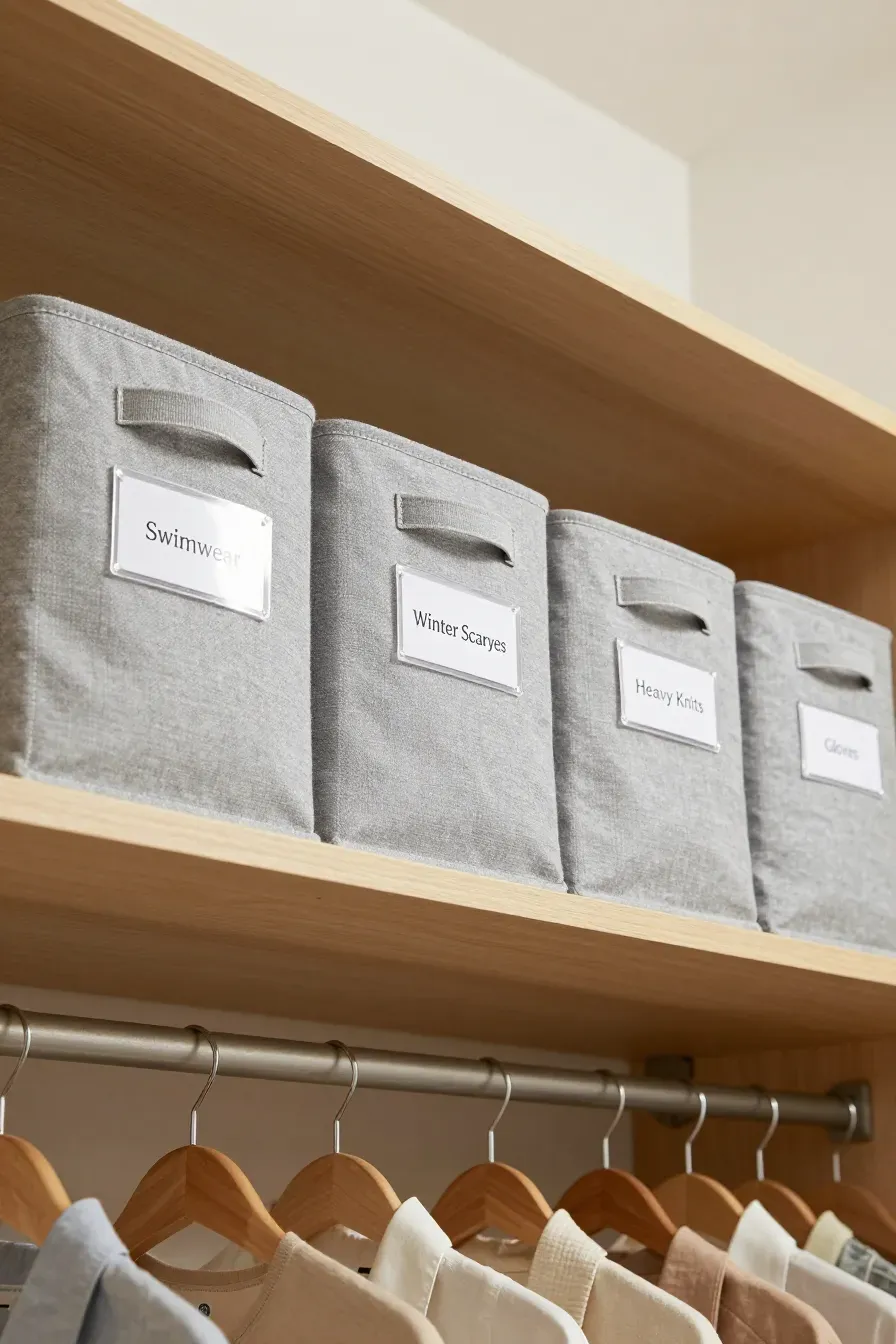 A row of grey fabric bins with labels like Swimwear and Scarves on a high closet shelf.