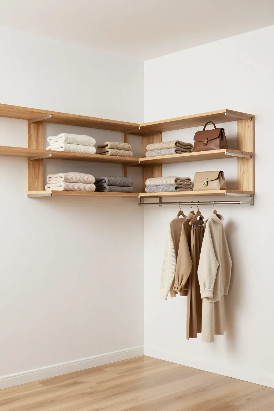 L-shaped shelves installed in the corner of a closet to hold folded clothes and bags.