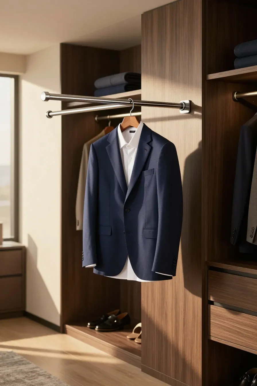 A chrome valet rod pulled out from a closet shelf holding a navy blue jacket and white shirt.
