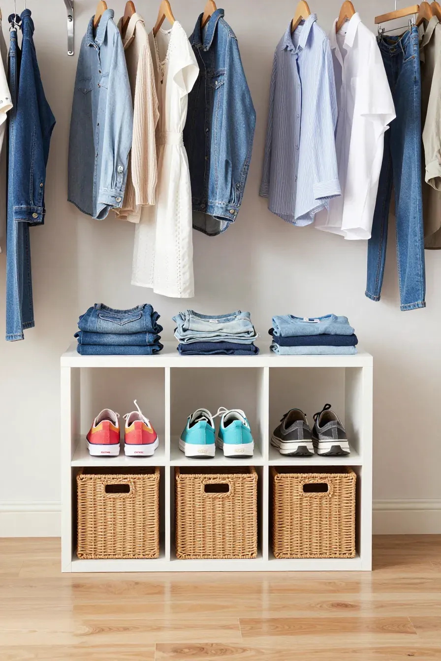 A white 9-cube modular shelving unit at the bottom of a closet holding shoes and folded jeans.