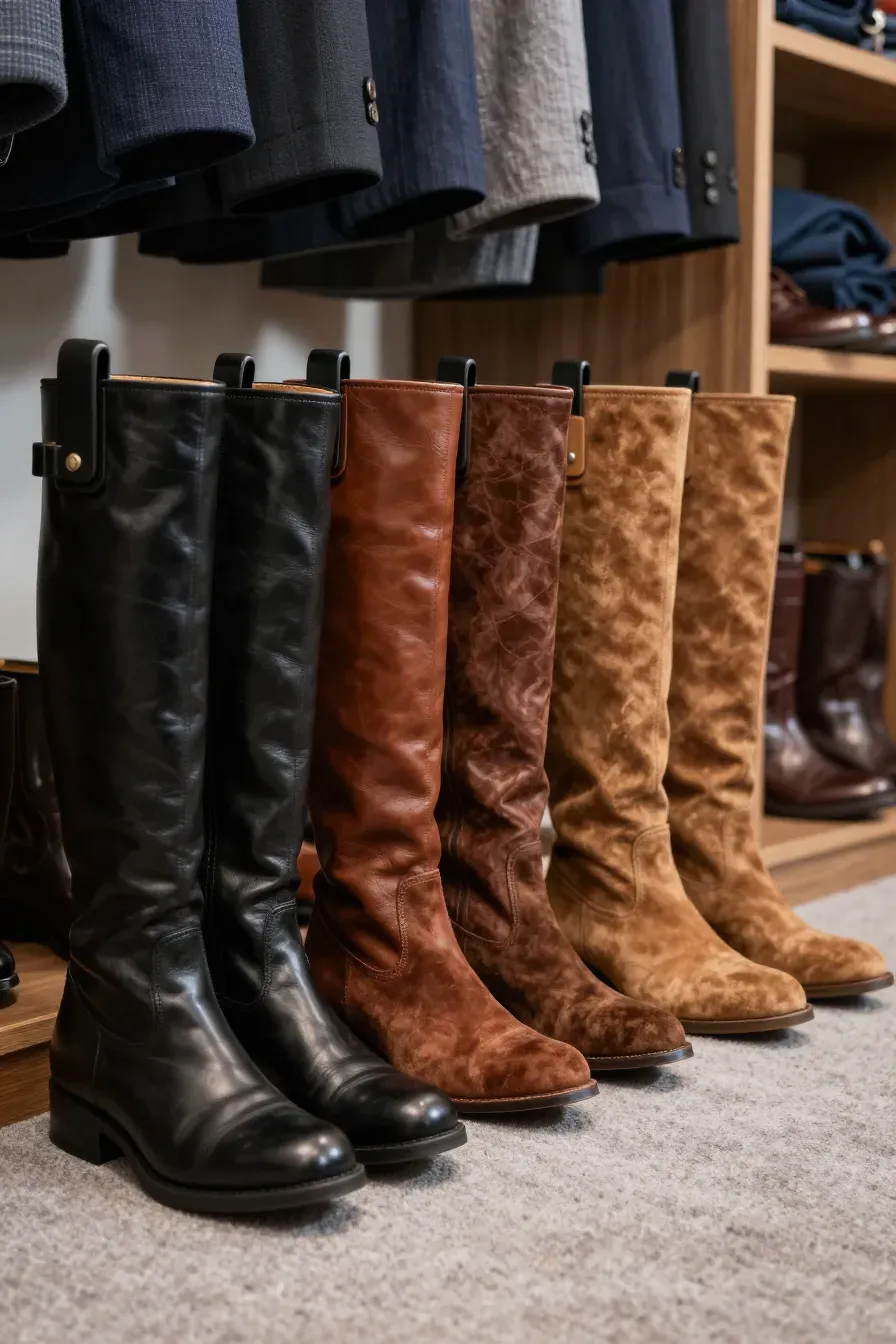 A row of tall leather boots standing perfectly upright on a closet floor using boot shapers.