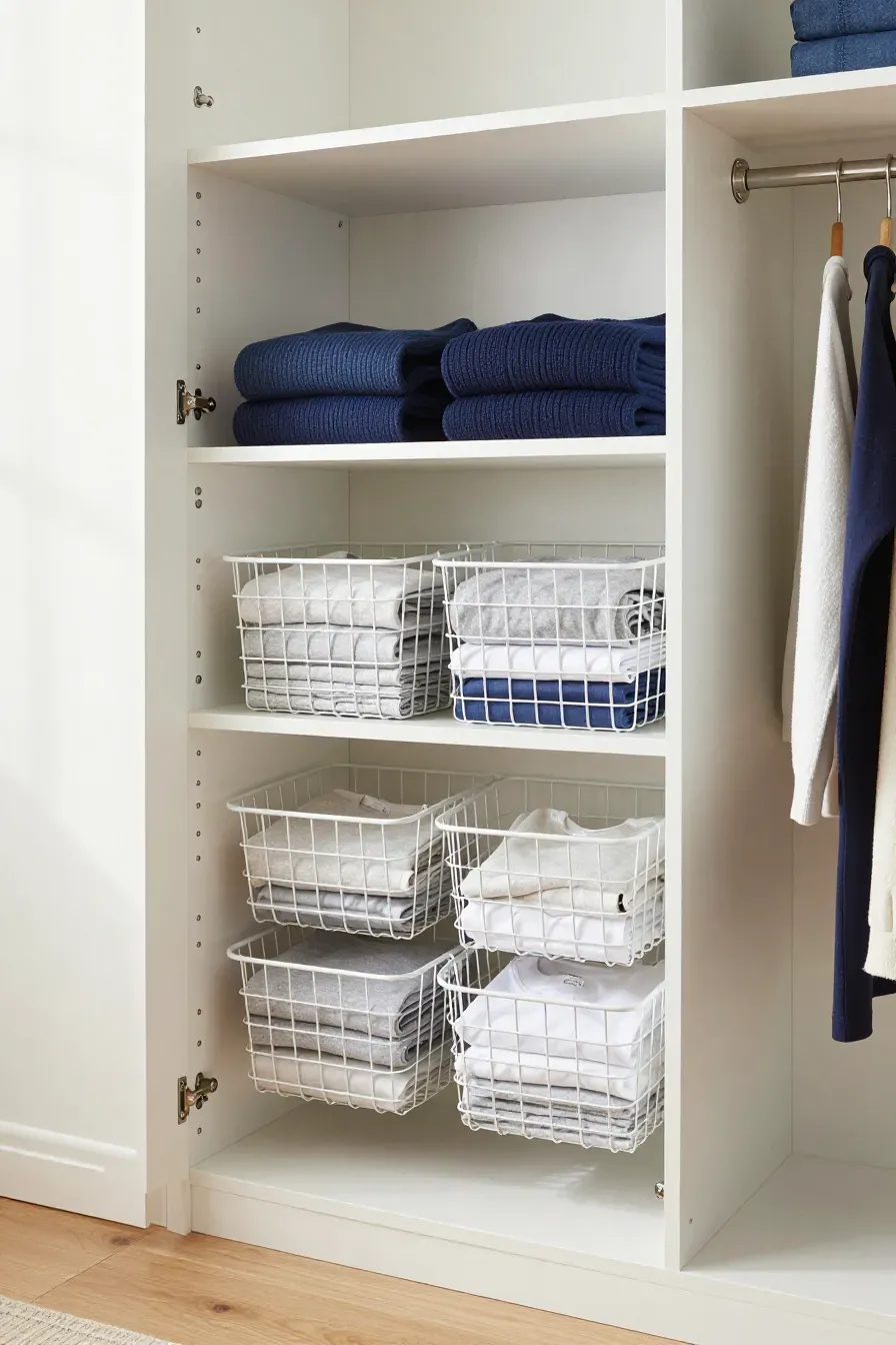 White wire baskets hanging under a closet shelf filled with neatly folded clothes.