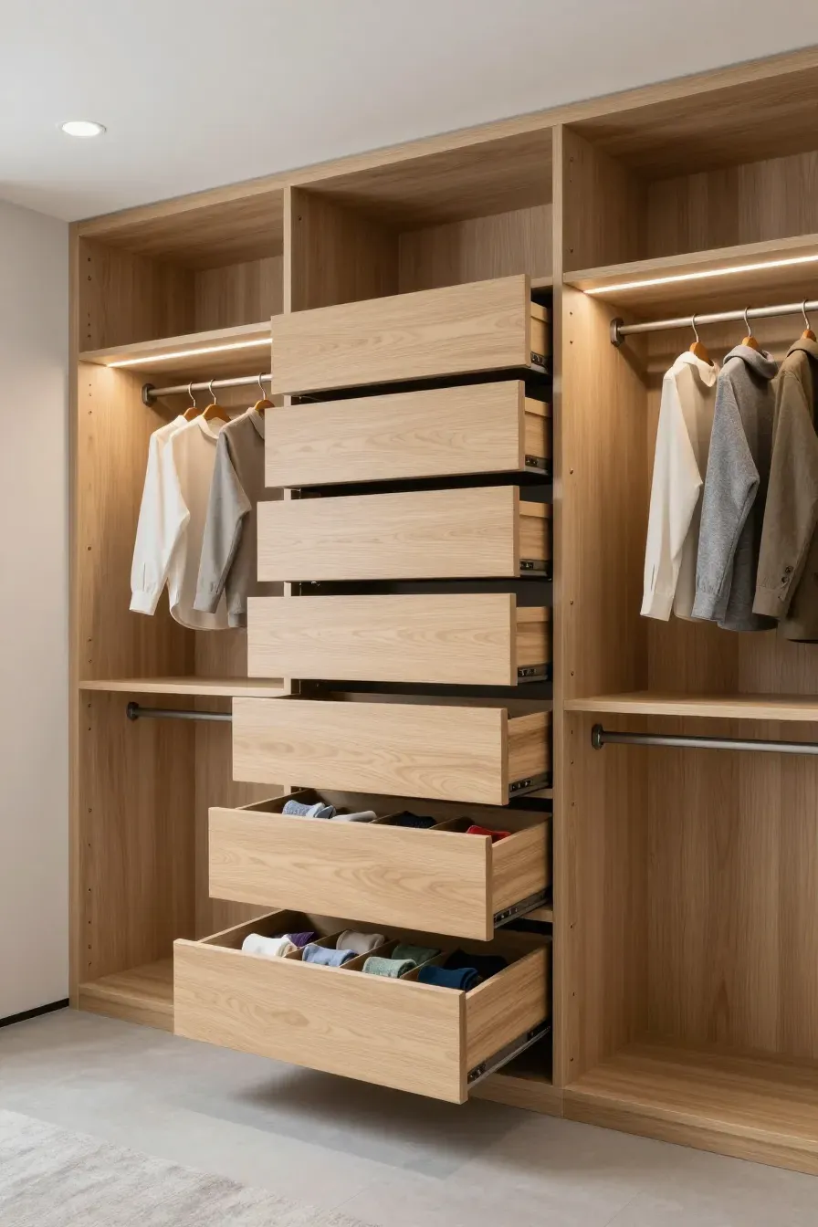 A custom closet with a central stack of light wood built-in drawers and hanging clothes.
