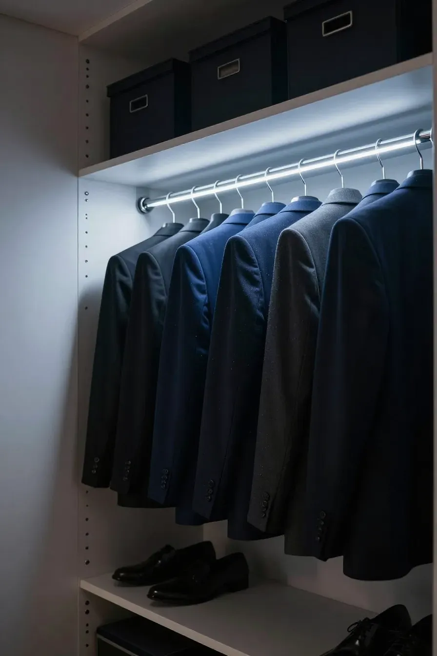 An illuminated closet rod with LED lights shining on hanging dark blue and black clothes.