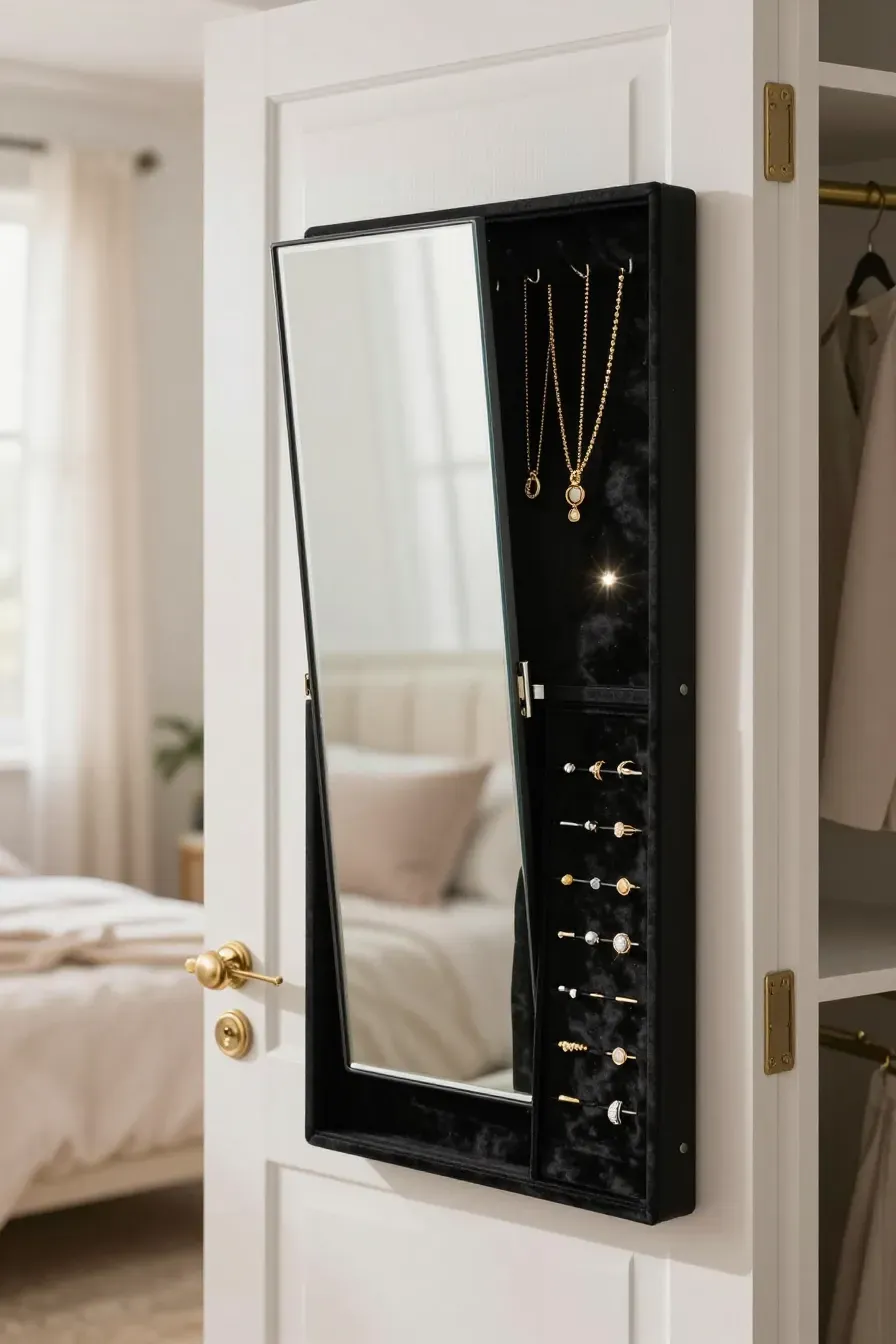 A full-length door mirror opened to reveal a hidden velvet-lined jewelry organizer.