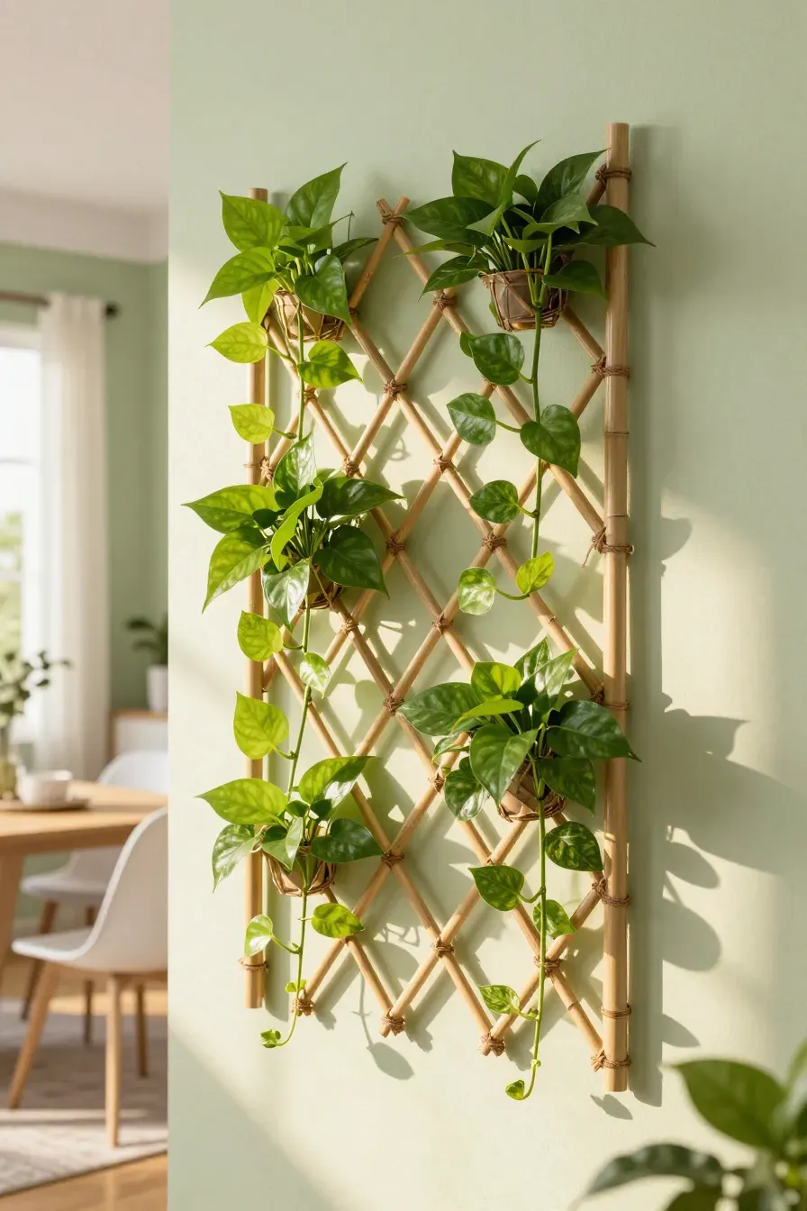 A bamboo diamond-grid trellis mounted on a wall with climbing green ivy plants in a bright room.