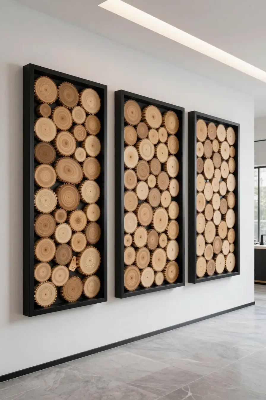 Three black shadow boxes filled with circular bamboo slices arranged in a textured pattern on a white wall.