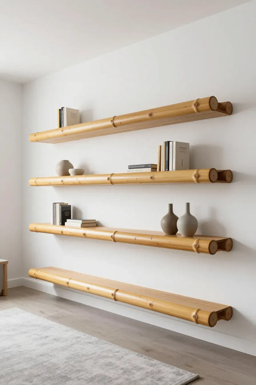 Three floating shelves with thick bamboo pole edges mounted on a modern white wall.